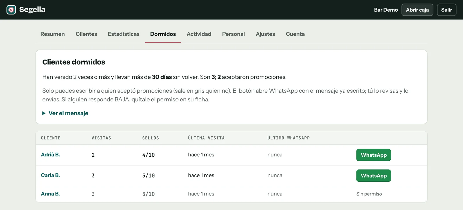 Lista de clientes dormidos con su número de visitas, sus sellos y un botón de WhatsApp